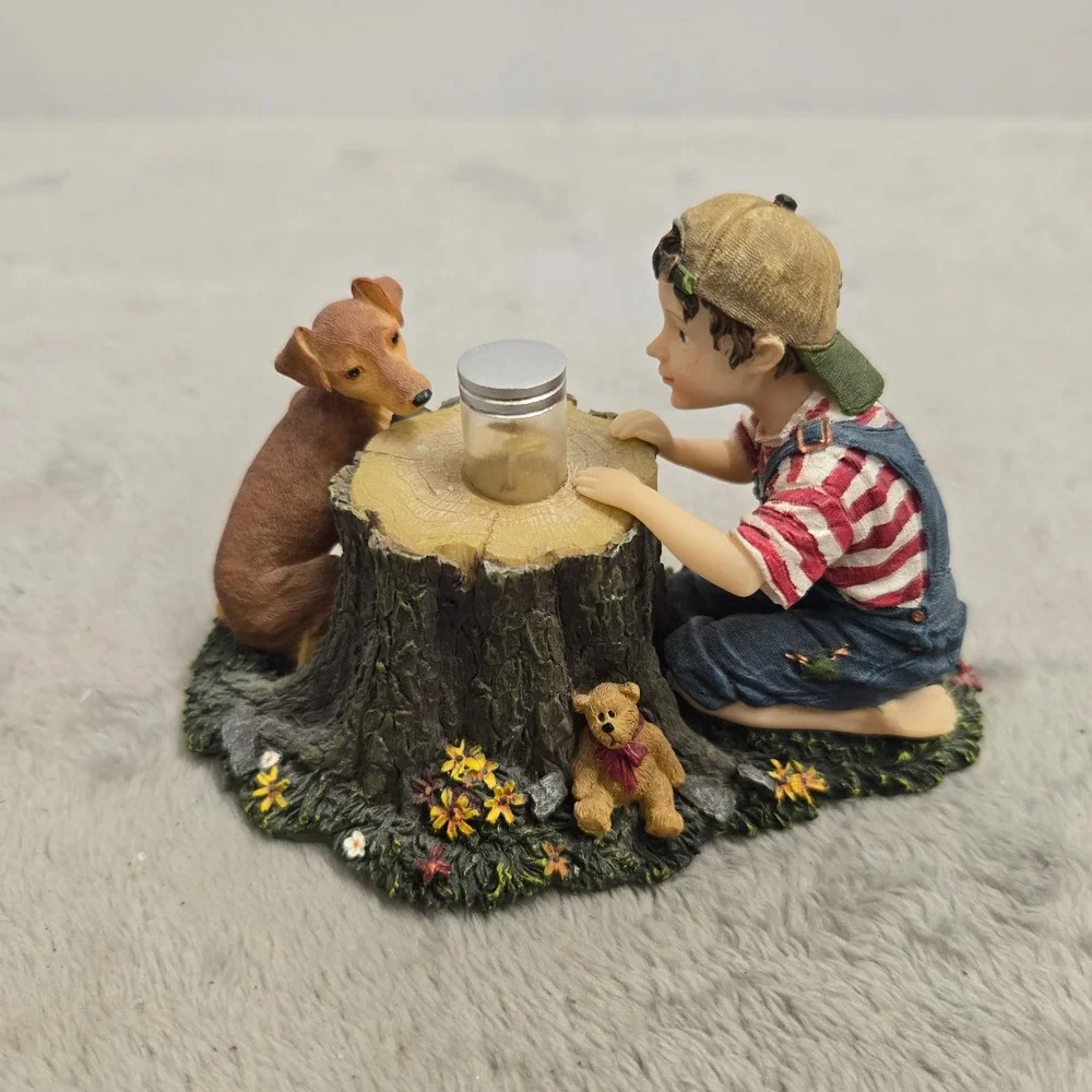 Vintage Style Resin Boy and Dog Figurine with Glass Jar on Tree Stump Decor